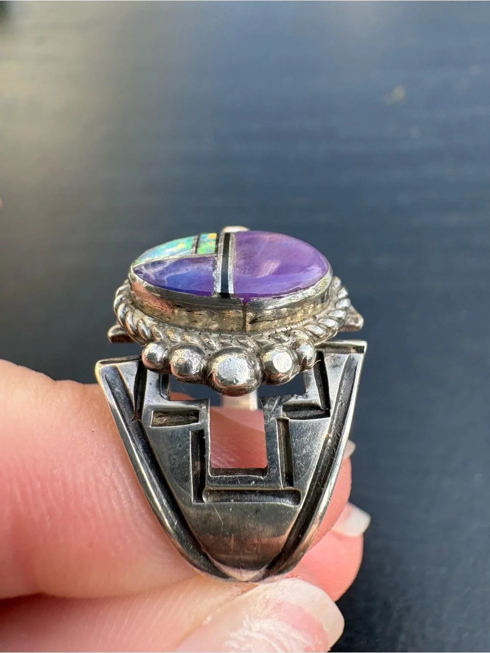 LP (Loren Philips) Native American Sterling Silver Purple Mosaic Ring - Size 8